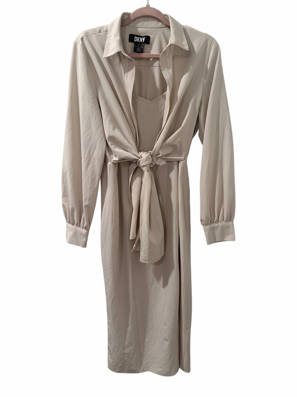 DKNY Beige Layered Tie-Front Midi Shirt Dress Size 8